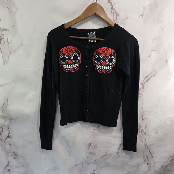 HT Cardigan Womens Small Black Sugar Skulls Dia Los Muertes Sweater Too Fast - Picture 1 of 11